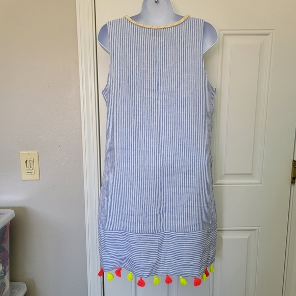 Vineyard Vines Linen Blue White Striped Sleeveless Dress Neon Tassels Size XS - Picture 6 of 12
